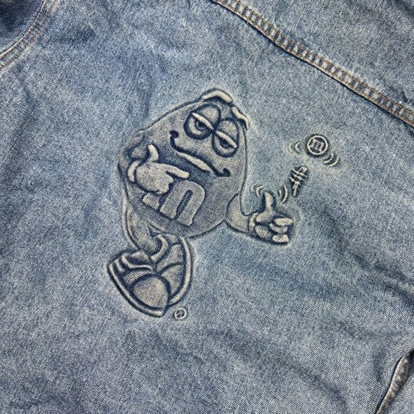 Vintage 90's Planet Mars Yellow Peanut M&M Embossed Denim Jacket - Picture 2 of 8